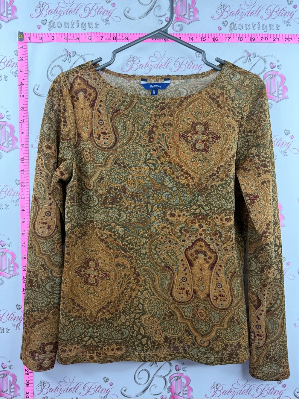 Reitmans sparkly paisley y2k top shirt Olive and Gold Paisley Long-Sleeve Top